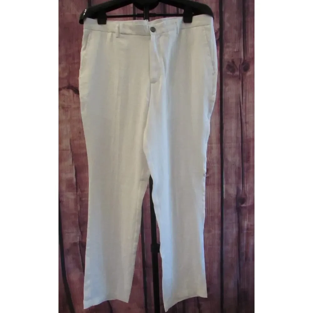 Tasso Elba Men’s 34x32 Flat Front Straight Leg 100% Linen Dress Pants White